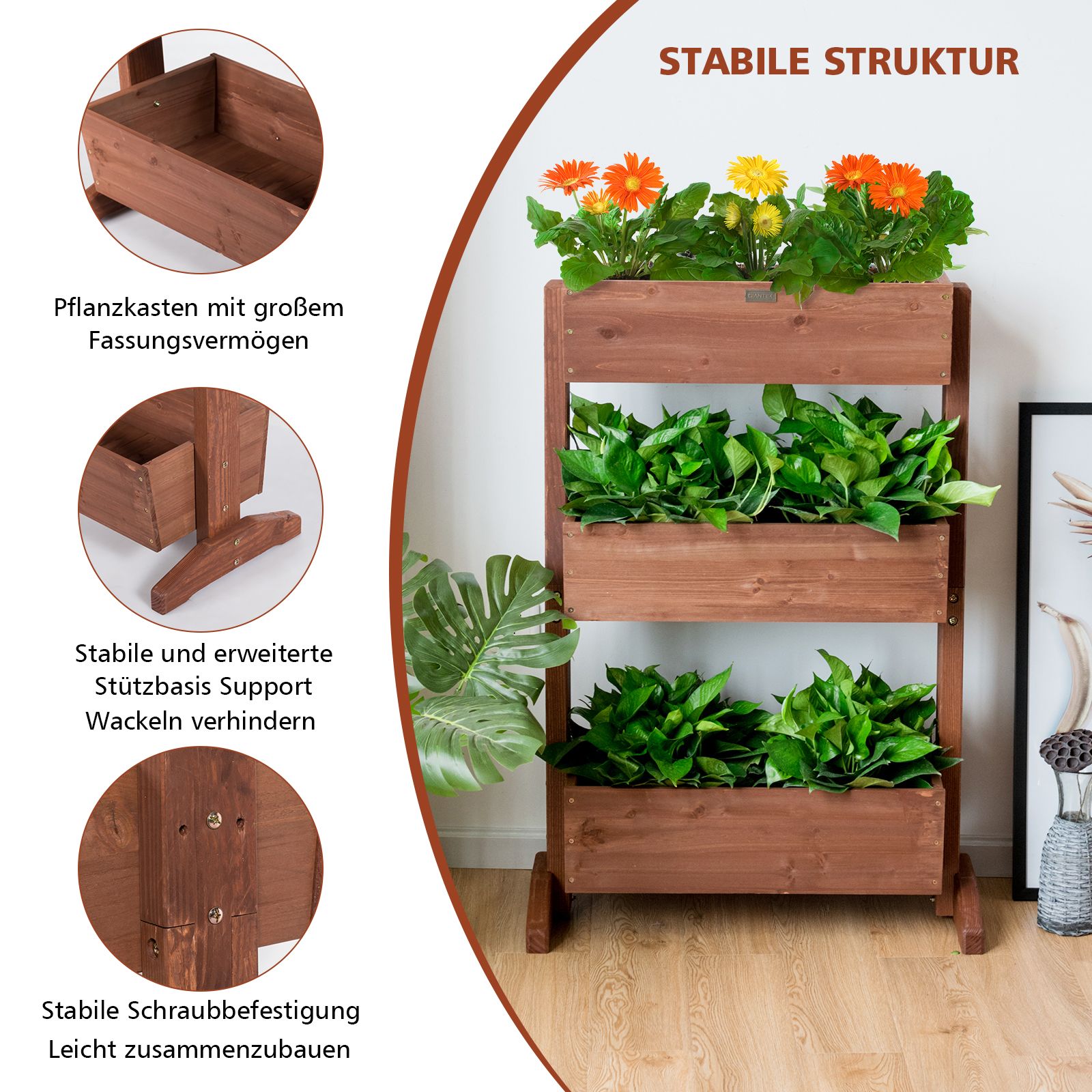 3-stufiges hölzernes Blumenregal / Blumentreppe 71 × 38 × 105 cm – Braun