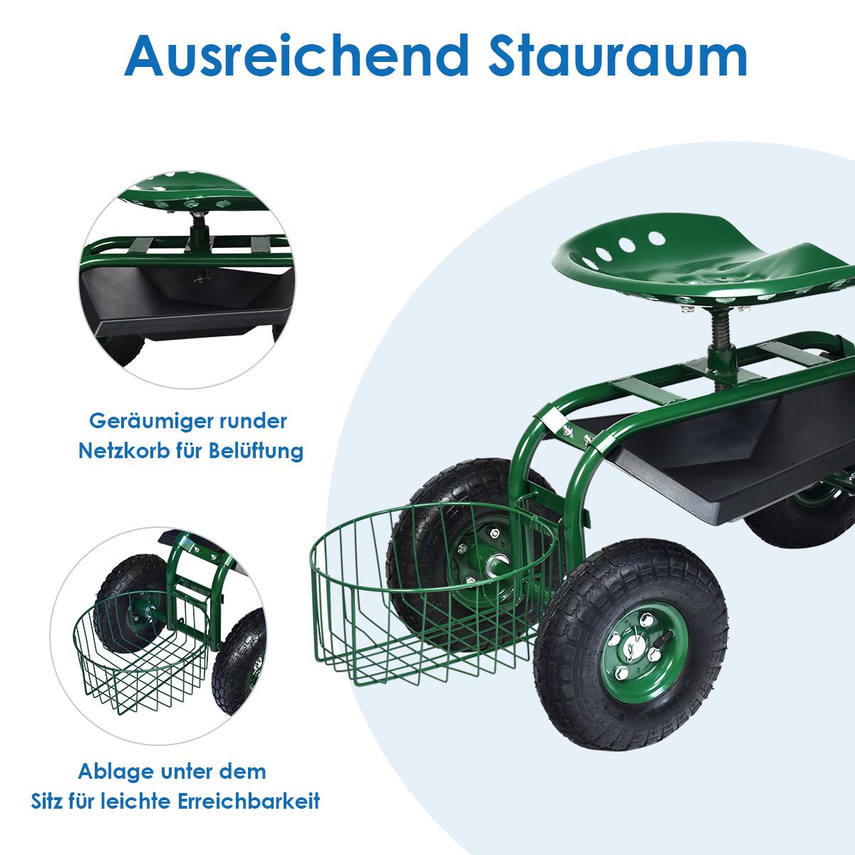 Gartenrollsitz mit Ablagen & verstellbarem Griff