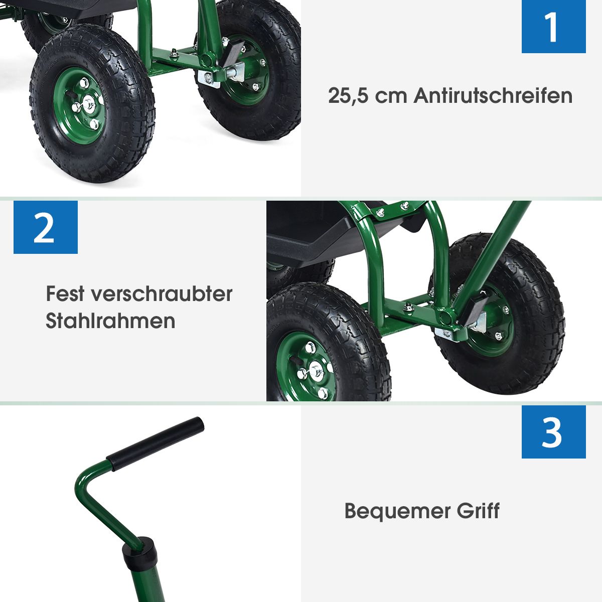 Gartenrollsitz mit Ablagen & verstellbarem Griff