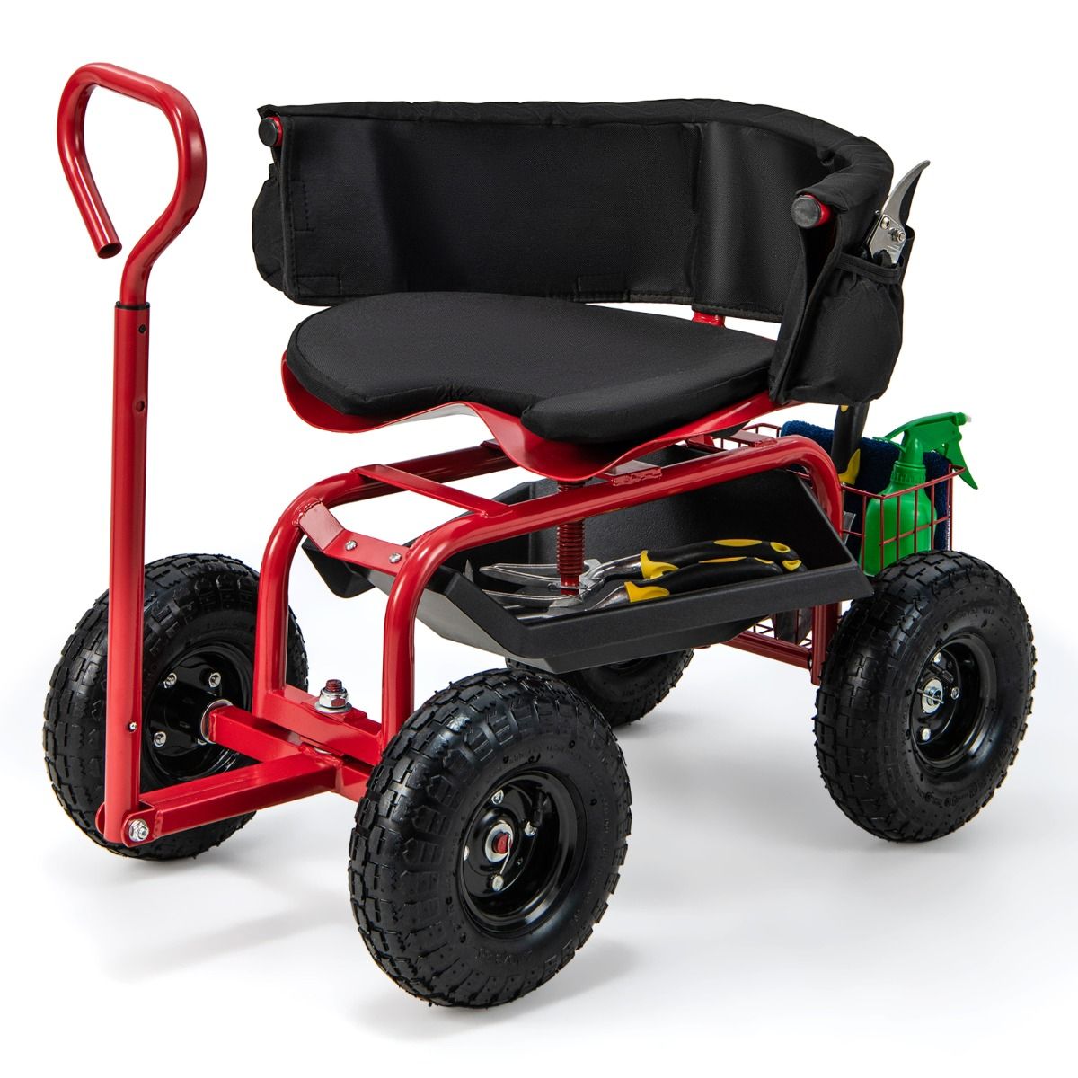 Mobiler Gartenwagen mit drehbarem Sitz, Lenkgriff und Stauraum