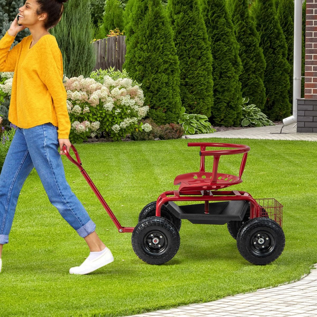 Mobiler Gartenwagen mit drehbarem Sitz, Lenkgriff und Stauraum
