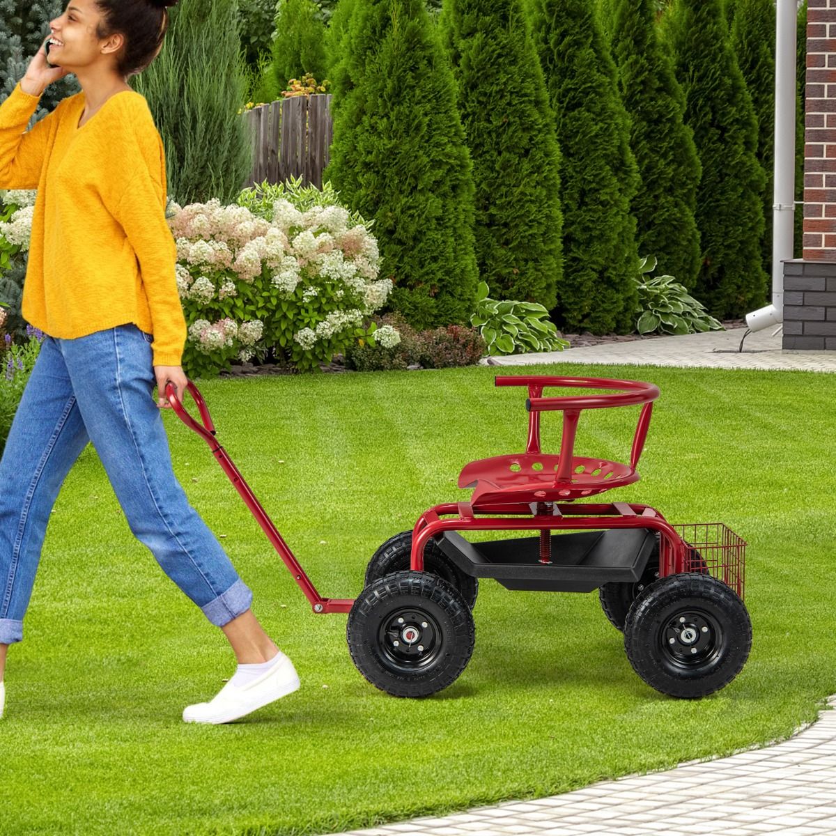 Mobiler Gartenwagen mit drehbarem Sitz, Lenkgriff und Stauraum
