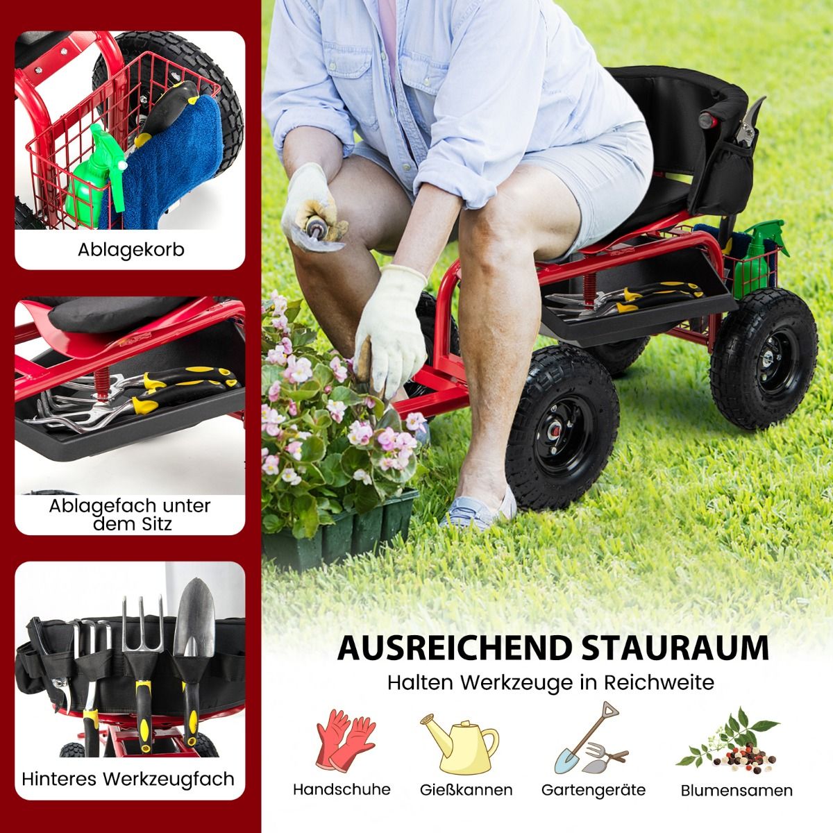 Mobiler Gartenwagen mit drehbarem Sitz, Lenkgriff und Stauraum