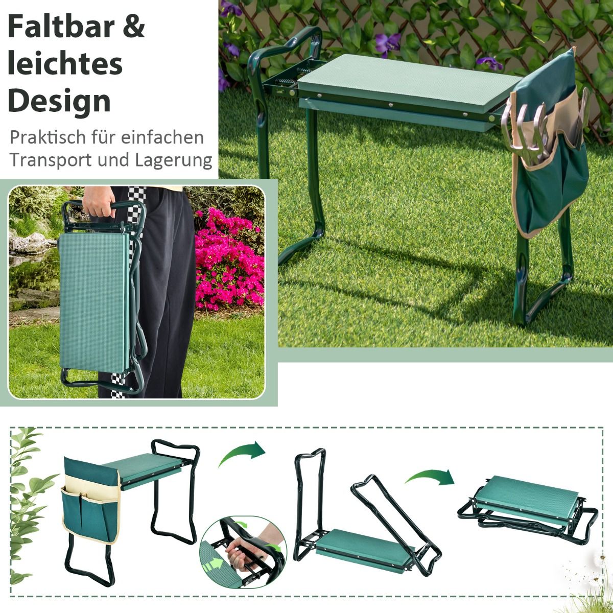 2-in-1 Klappbare Garten-Kniebank mit EVA-Polster & Werkzeugtasche