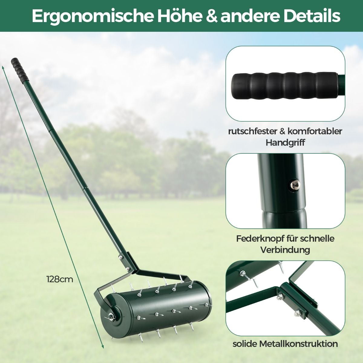 Manueller Rasenlüfter mit 27 Spikes & befüllbarer Trommel